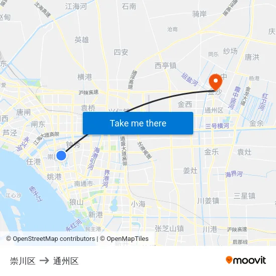 崇川区 to 通州区 map