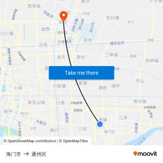 海门市 to 通州区 map