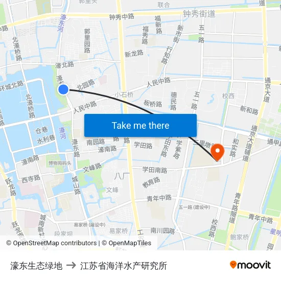 濠东生态绿地 to 江苏省海洋水产研究所 map