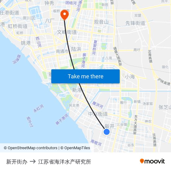 新开街办 to 江苏省海洋水产研究所 map