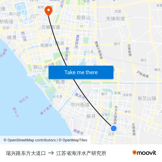 瑞兴路东方大道口 to 江苏省海洋水产研究所 map