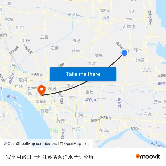 安平村路口 to 江苏省海洋水产研究所 map