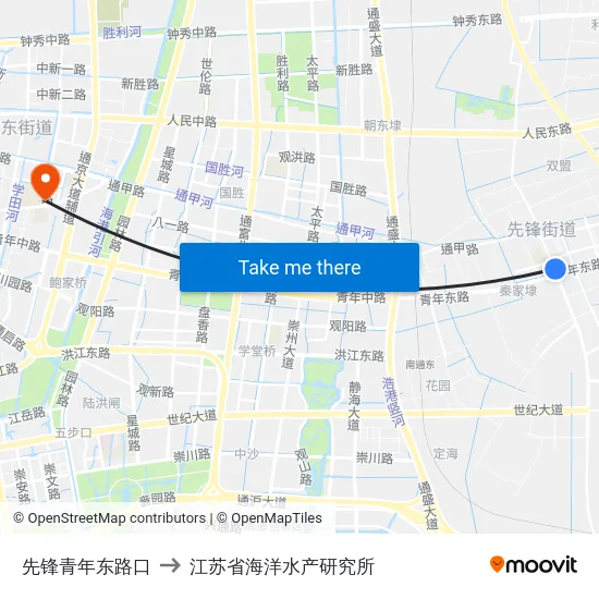 先锋青年东路口 to 江苏省海洋水产研究所 map