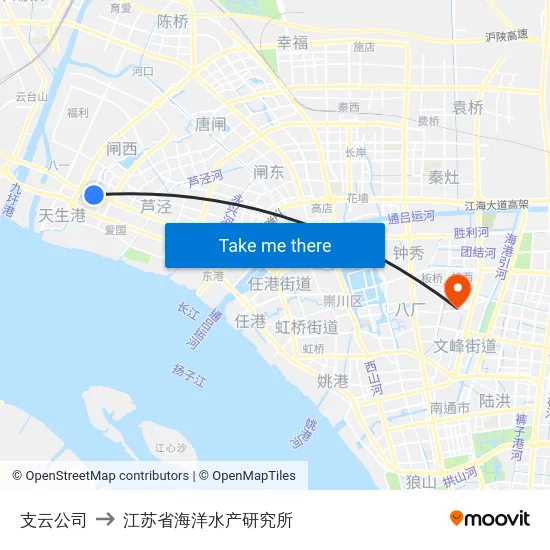 支云公司 to 江苏省海洋水产研究所 map