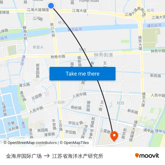 金海岸国际广场 to 江苏省海洋水产研究所 map