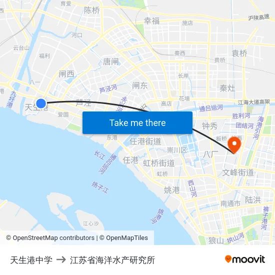 天生港中学 to 江苏省海洋水产研究所 map