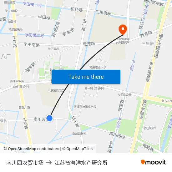 南川园农贸市场 to 江苏省海洋水产研究所 map