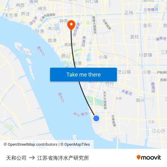 天和公司 to 江苏省海洋水产研究所 map