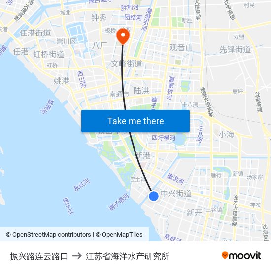 振兴路连云路口 to 江苏省海洋水产研究所 map