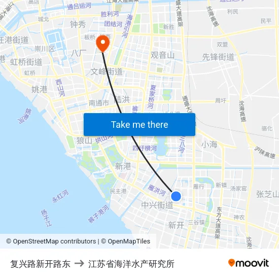 复兴路新开路东 to 江苏省海洋水产研究所 map
