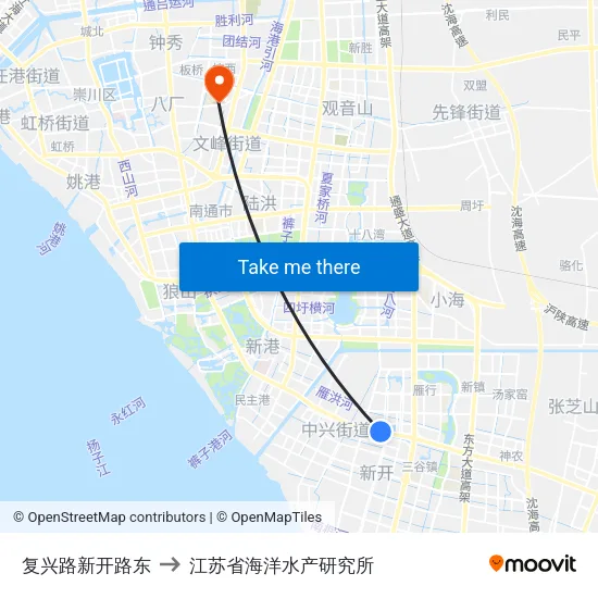 复兴路新开路东 to 江苏省海洋水产研究所 map