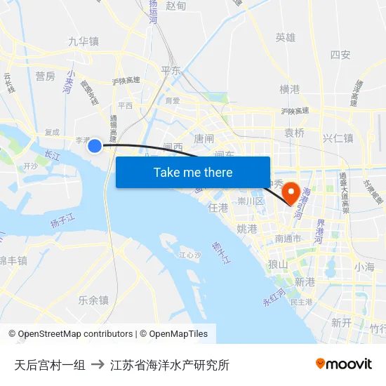 天后宫村一组 to 江苏省海洋水产研究所 map