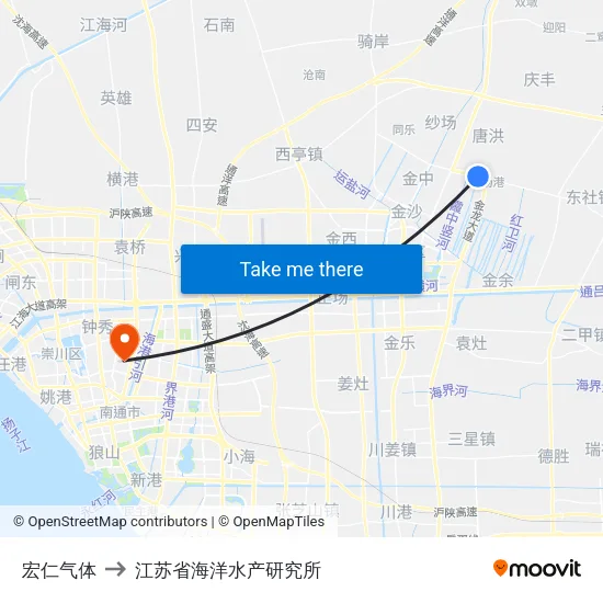 宏仁气体 to 江苏省海洋水产研究所 map