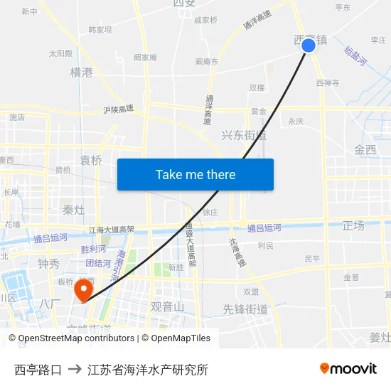 西亭路口 to 江苏省海洋水产研究所 map