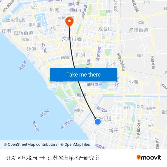 开发区地税局 to 江苏省海洋水产研究所 map