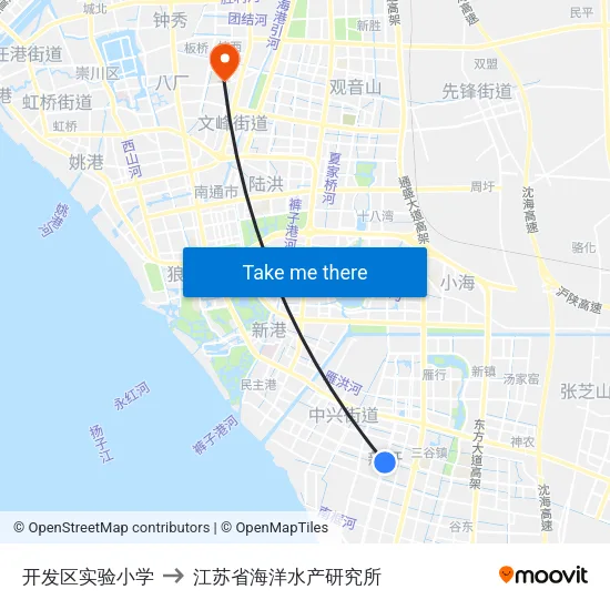 开发区实验小学 to 江苏省海洋水产研究所 map
