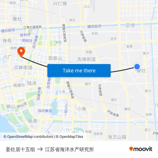 姜灶居十五组 to 江苏省海洋水产研究所 map