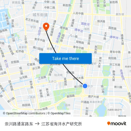 崇川路通富路东 to 江苏省海洋水产研究所 map