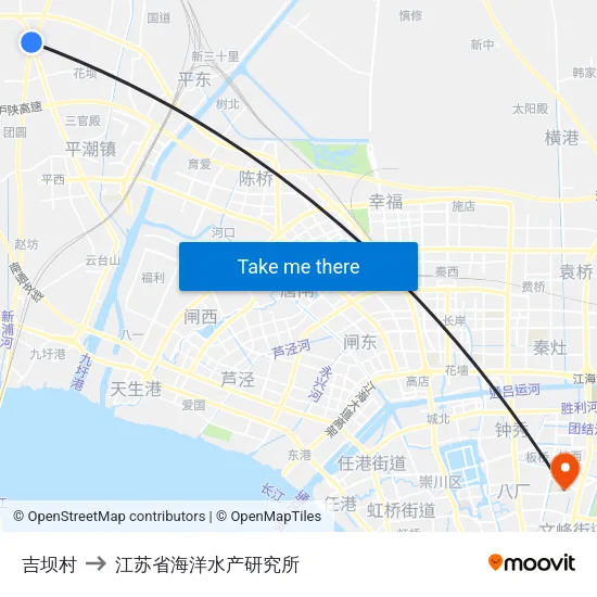 吉坝村 to 江苏省海洋水产研究所 map