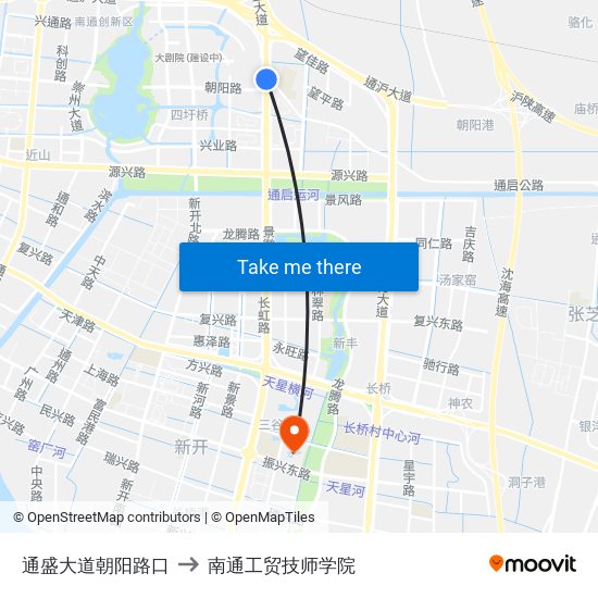 通盛大道朝阳路口 to 南通工贸技师学院 map