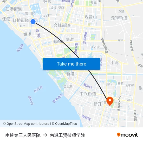 南通第三人民医院 to 南通工贸技师学院 map