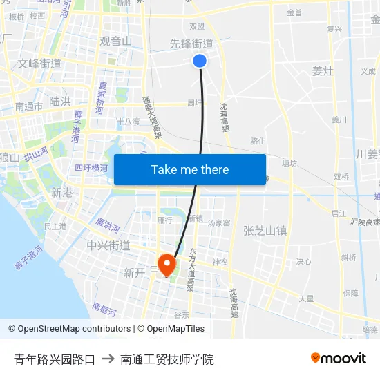 青年路兴园路口 to 南通工贸技师学院 map