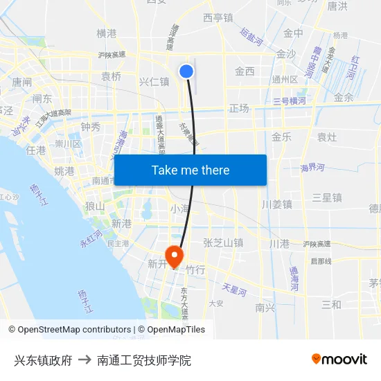 兴东镇政府 to 南通工贸技师学院 map