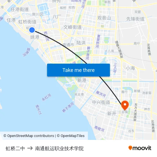 虹桥二中 to 南通航运职业技术学院 map