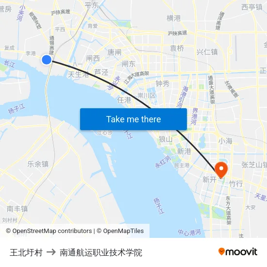 王北圩村 to 南通航运职业技术学院 map
