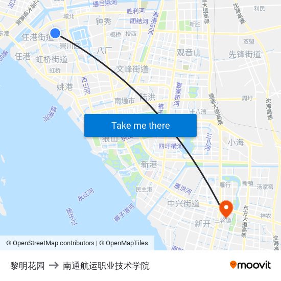 黎明花园 to 南通航运职业技术学院 map