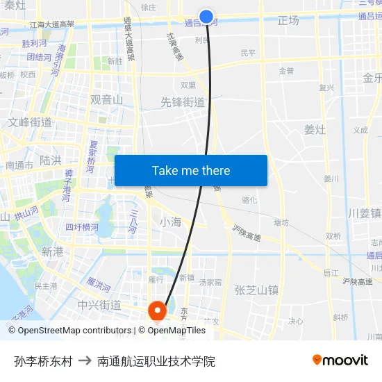 孙李桥东村 to 南通航运职业技术学院 map