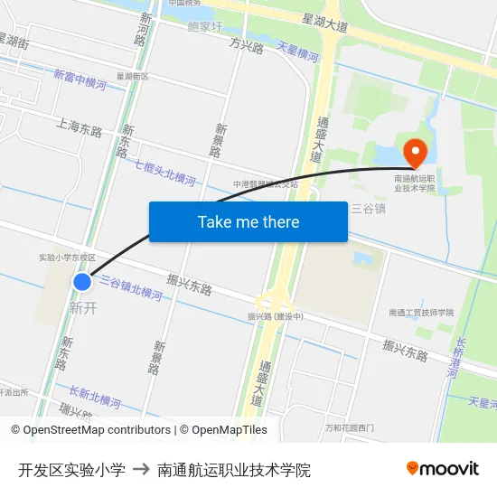 开发区实验小学 to 南通航运职业技术学院 map