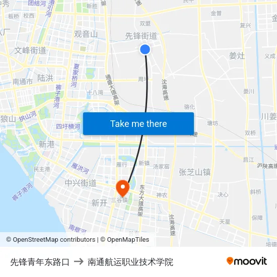 先锋青年东路口 to 南通航运职业技术学院 map
