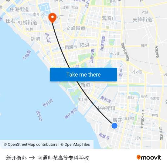 新开街办 to 南通师范高等专科学校 map