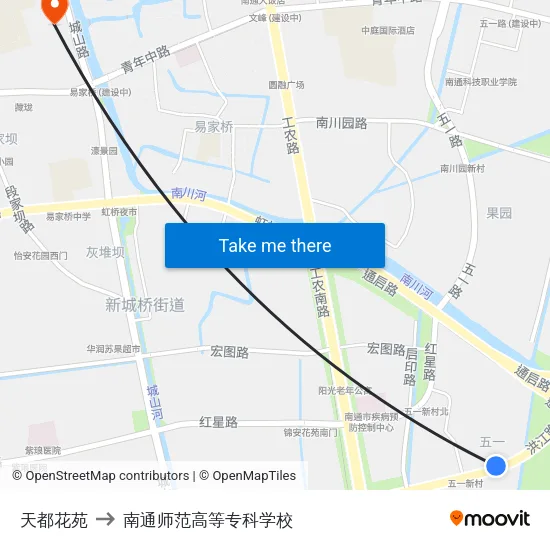 天都花苑 to 南通师范高等专科学校 map