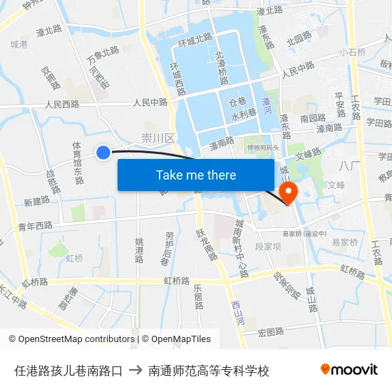 任港路孩儿巷南路口 to 南通师范高等专科学校 map