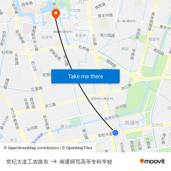 世纪大道工农路东 to 南通师范高等专科学校 map