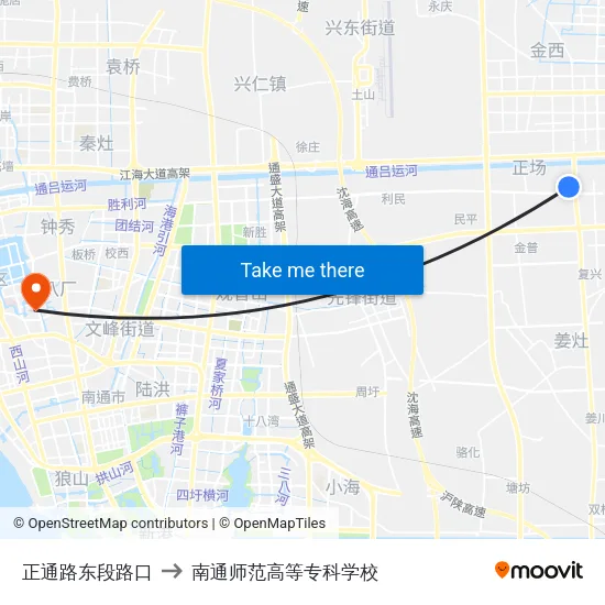 正通路东段路口 to 南通师范高等专科学校 map