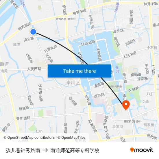 孩儿巷钟秀路南 to 南通师范高等专科学校 map