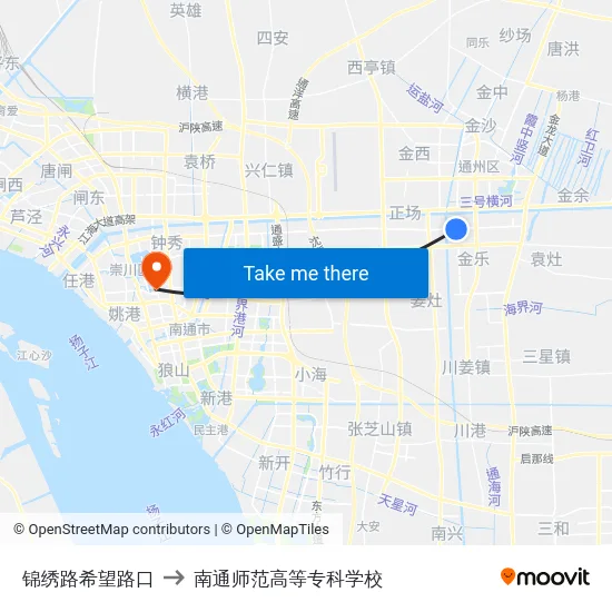 锦绣路希望路口 to 南通师范高等专科学校 map