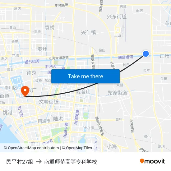 民平村27组 to 南通师范高等专科学校 map