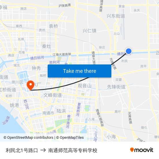 利民北1号路口 to 南通师范高等专科学校 map