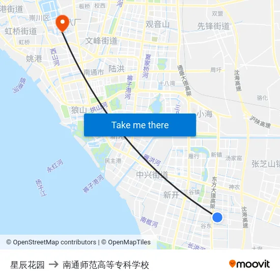 星辰花园 to 南通师范高等专科学校 map