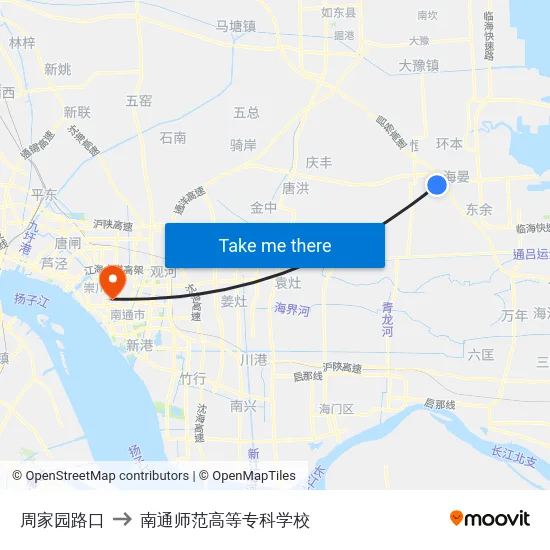 周家园路口 to 南通师范高等专科学校 map