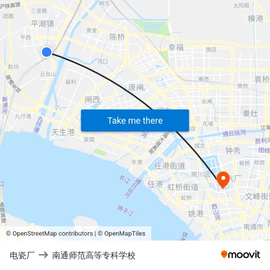 电瓷厂 to 南通师范高等专科学校 map