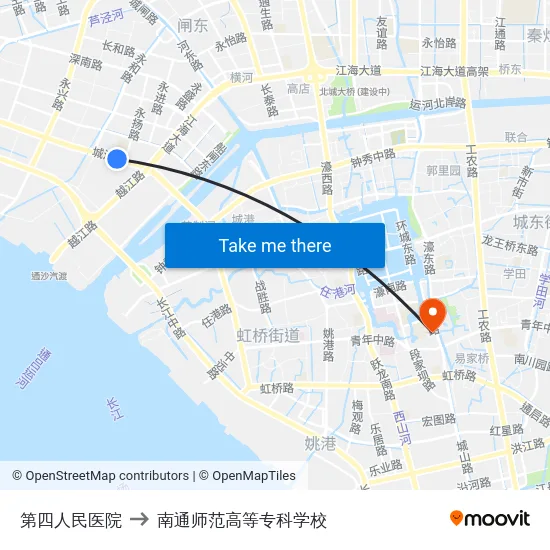 第四人民医院 to 南通师范高等专科学校 map