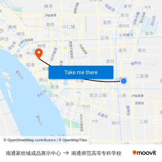 南通家纺城成品展示中心 to 南通师范高等专科学校 map