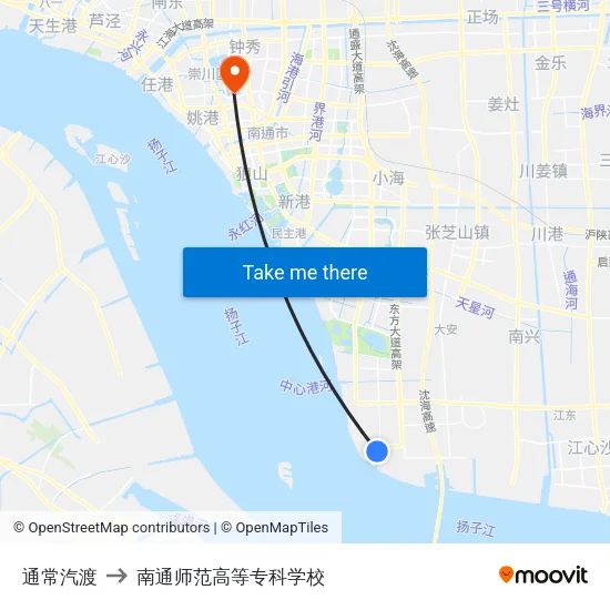 通常汽渡 to 南通师范高等专科学校 map
