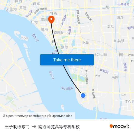 王子制纸东门 to 南通师范高等专科学校 map