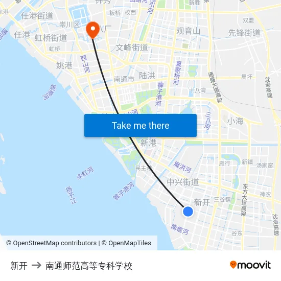 新开 to 南通师范高等专科学校 map